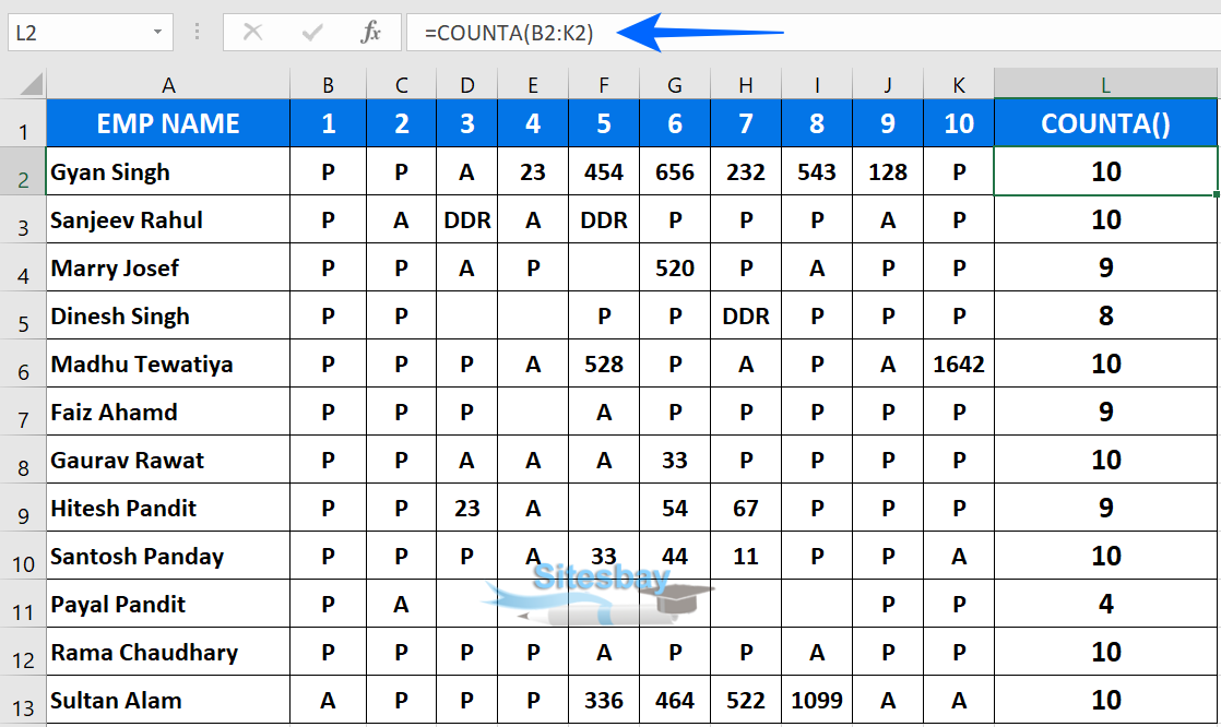 counta function in excel