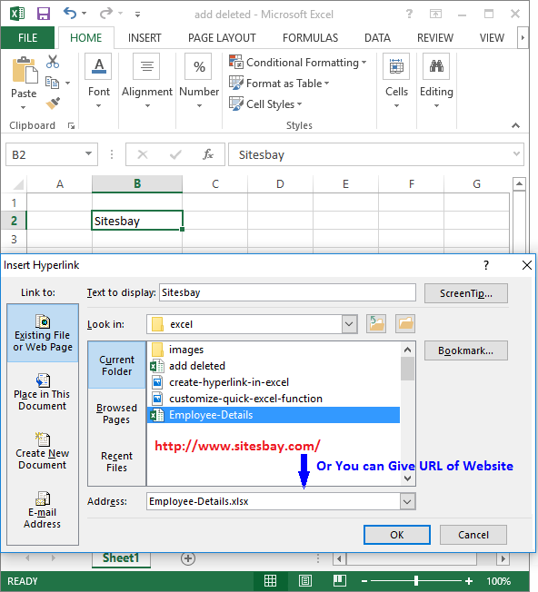 create hyperlink in excel