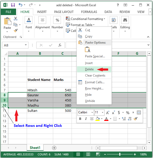 delete certain rows in excel