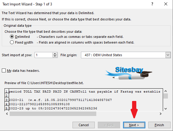 import text file in excel