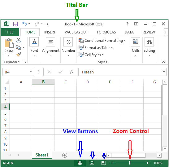 Tital Bar Zoom Control View Buttons in Excel - Excel Tutorial