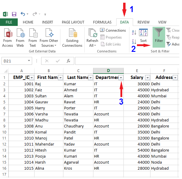 filter data in excel sheet