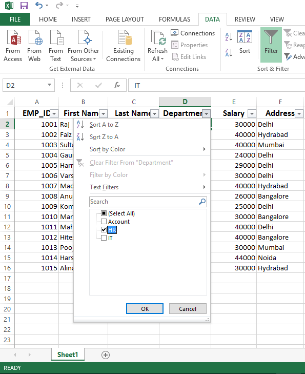 filter data in excel sheet