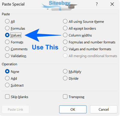 paste data as value in excel