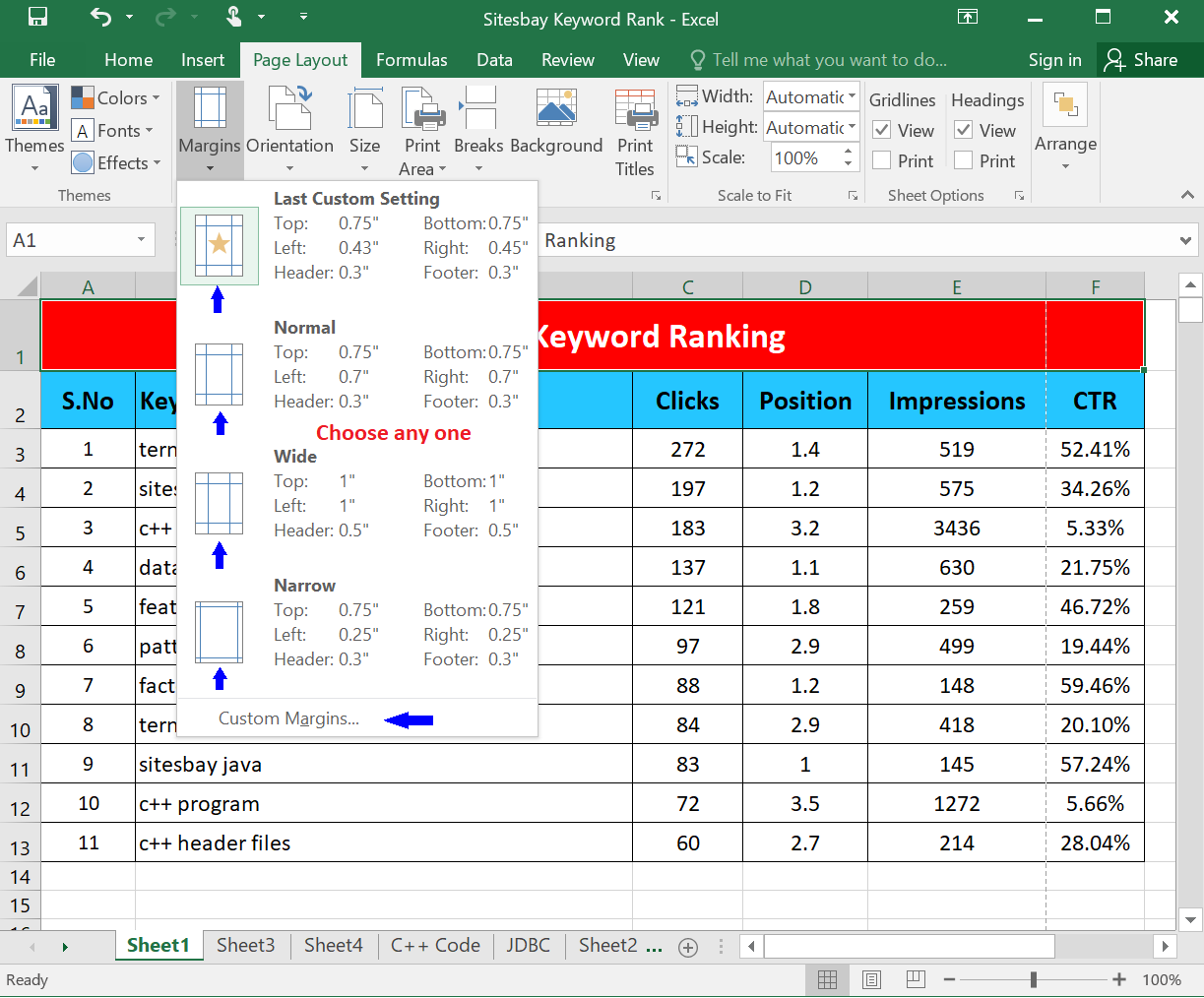 adjust margin in excel