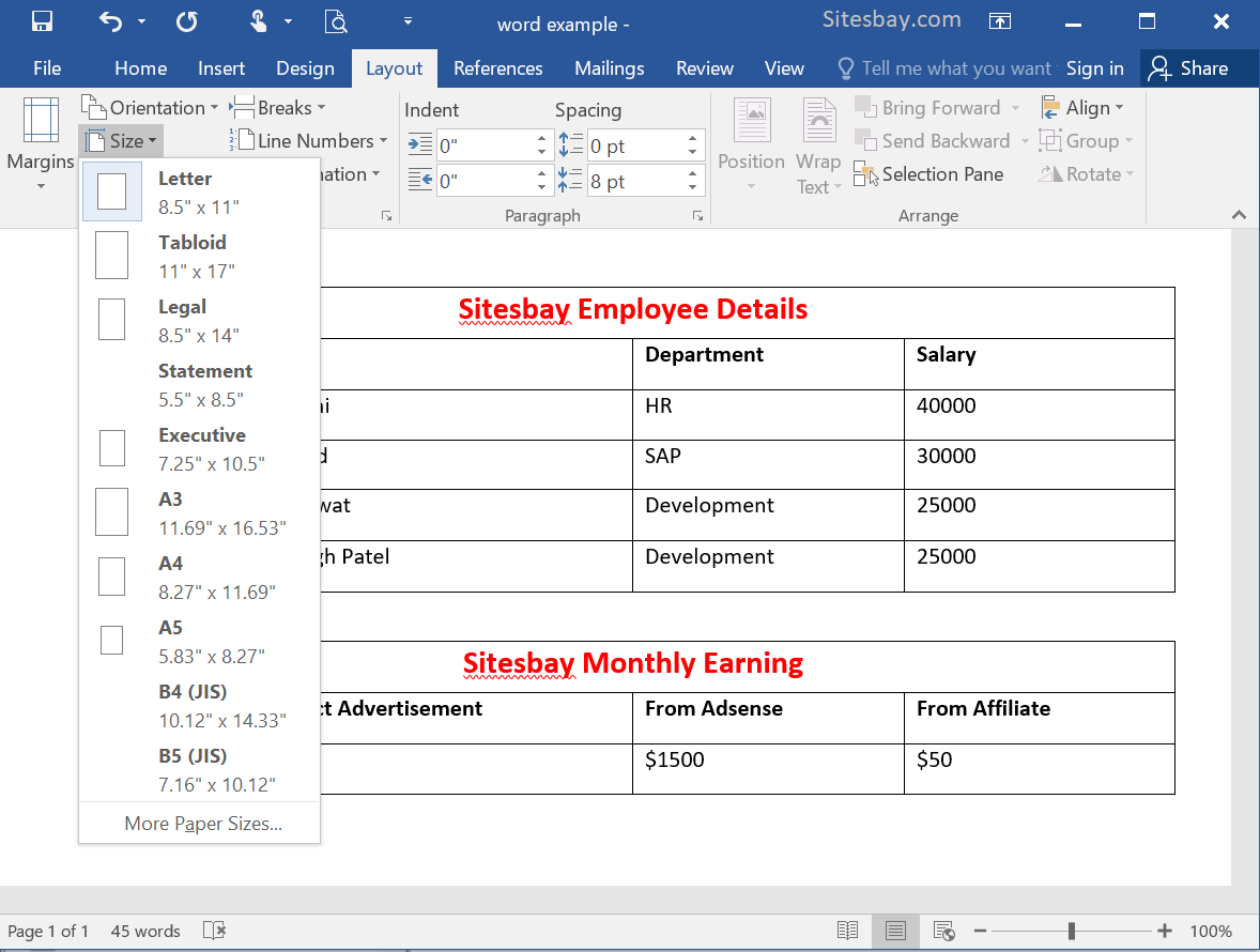 how do you change page size in word