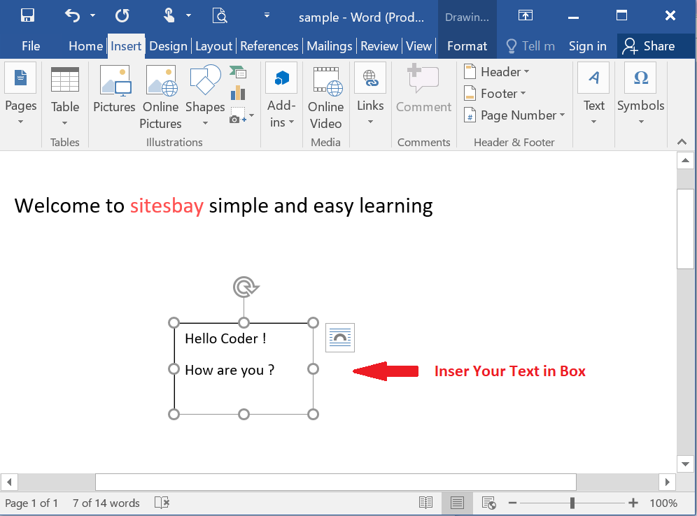 how to insert text in word 2016